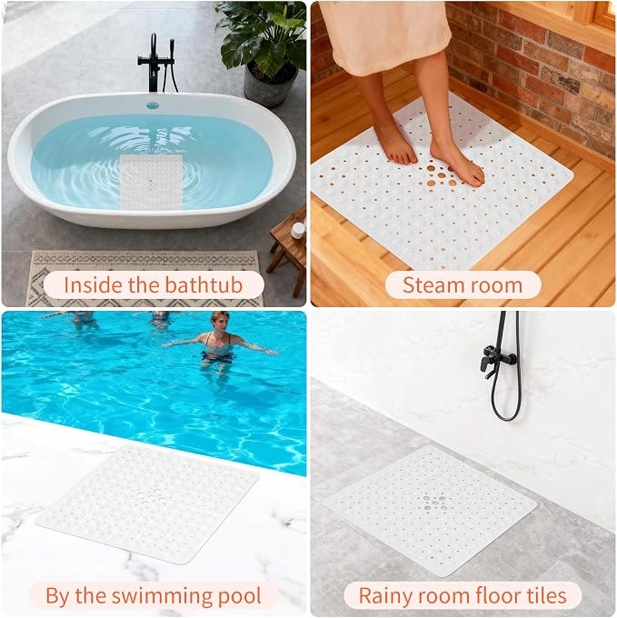 Anti-Slip Bathtub Shower mat, 21×21（ 53×53cm） inch Soft Oversized Machine Washable Non-Slip Bathtub mat with Drainage Holes, Bathroom Floor Suction Cup.（1-Opaque White）