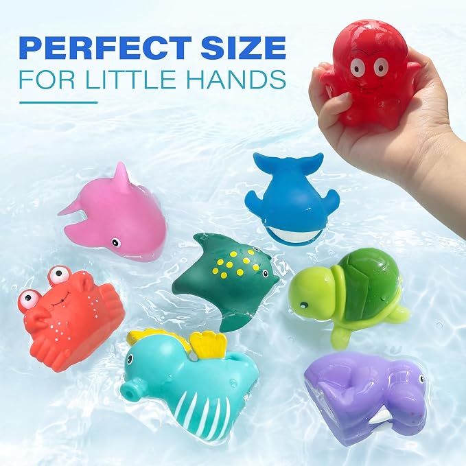 LotFancy® Bath Toys, 8 Pack Mold Free Bath Toys for Kids Ages 1-3, No Holes Baby Bath Toys for Toddlers 2-4, Ocean Sea Animal Bathtub Toys, Soft Floating Pool Water Table Toys