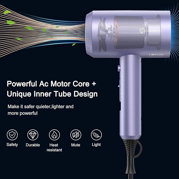 slopehill Professional Ionic Hair Dryer, Lavender | 1800W Fast Drying, Low Noise, 2 Concentrator Nozzles, 1 Diffuser Attachment