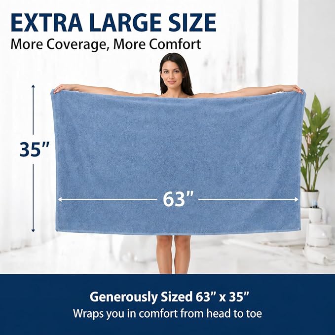 SEISSO 4 Pack Extra Large Bath Towels 63"x35", Bath Sheets for Sensitive Skin 70% Polyester 30% Viscose Fiber from Bamboo, Super Soft, Highly Absorbent & Quick Dry, Oversized (4, Light Blue+Brown)