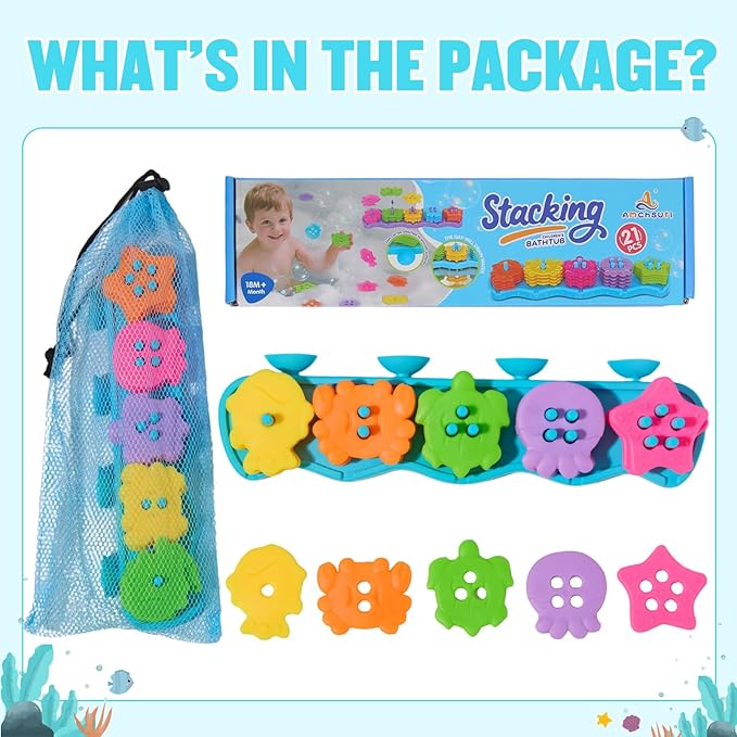 Baby Bath Toys for Kids Ages 1-3, Mold Free Bath Toys for Toddler 2-4 Educational Color Shape Sorter & Stacking with 20 Floating Pieces, Toddler Bathtub Toys with Mesh Bag for Girls Boys Gifts