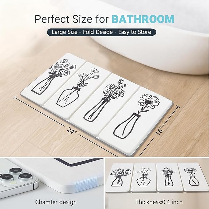 Foldable Stone Bath Mat - 24x16 Inch, Diatomaceous Earth Fast Absorbent Large Black and White Floral Farmhouse Stone Bath Mats for Bathroom Decor Quick Dry Non-Slip Shower & Bathtub & Drying Mat