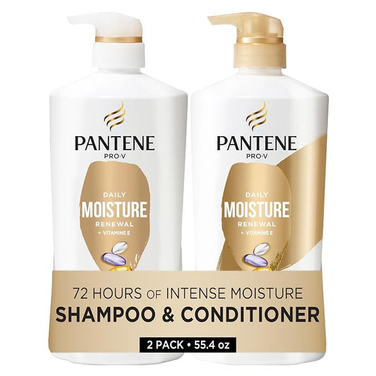Pantene Shampoo & Conditioner Set, Daily Moisture Renewal with Vitamin E - Pro-V Nutrients for Dry, Color-Treated, Straight to Curly Hair, 72-Hour Hydration & Softness, 52.8 Oz Total