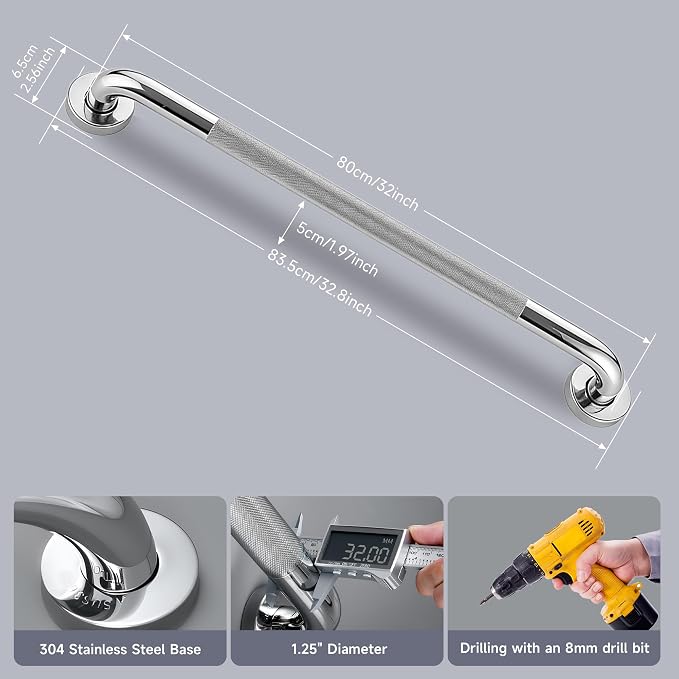 32 Inch Shower Grab Bar 1.25" Dia, 2 Pack Chrome Anti Slip Bathroom Grab Bar, 304 Stainless Steel Knurled Handicap Grab Bars, Safety Support Handrail,Bath Shower Handle for Elderly Injury Senior