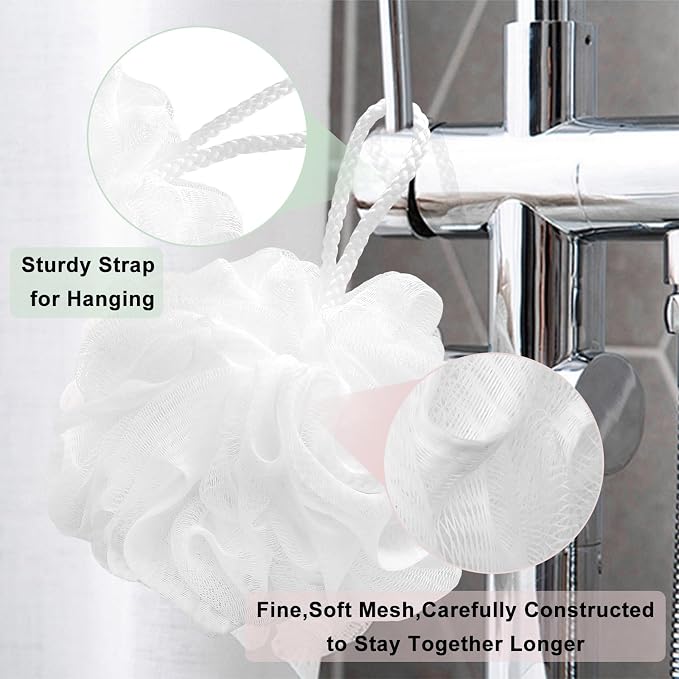 Loofah Charcoal Bath Shower Sponge Body Scrubber,75g Exfoliate Mesh Pouf Shower Bouquet,3 Pack Large Bath Sponge for Women and Men（White Pink Green）