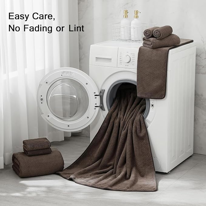 Luxury Bath Towels Set - 12 Piece (4 Large Bath Towels,4 Hand Towels,4 Washcloths), 100% Microfiber,Extra Absorbent Super Soft & Quick Dry,Complete Family Pack for Bathroom Gym Pool,Brown