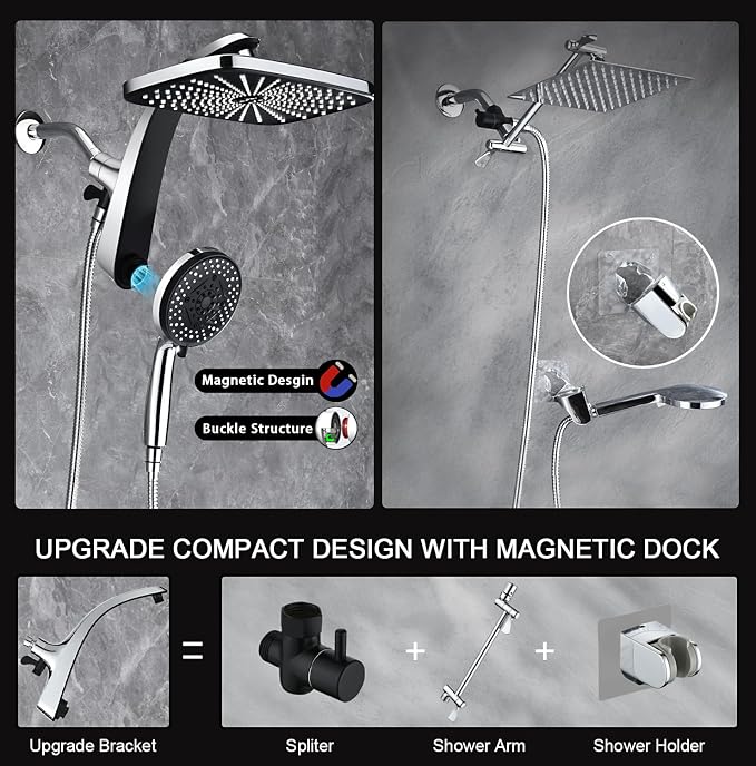 BOZYBO Rain Shower Head with Handheld: High Pressure Shower Heads with Handheld Spray Combo, 12" Rainfall Shower Head and 9 Sprays Hand Showerheads with Magnetic Docking and Power Jets, Chrome 1.8GPM
