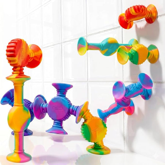 BUNMO Rainbow Textured Suction Toys – 10 Pack | Bath Toys and Suction Toys | Silicone Kids Bath Toys for Kids Ages 3+ | Bathtub Toys, Shower Toys & Travel | BPA-Free