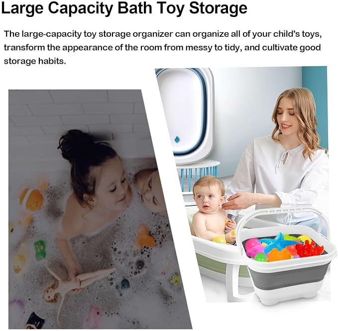 Bath Toy Storage Organizer - Foldable Bath Toy Holder for Bathtub, Bathtub Toy Storage with Removable Drying Base, Bathroom Toy Storage with 2 Hooks