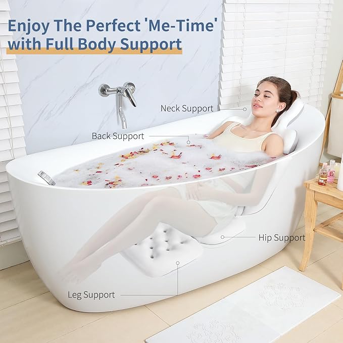 Luxury Bath Cushion, Full Body Bathtub Pillow with 160 Suction Cups, Bath Mat for Head and Neck Support, with Laundry Bag (White, 51" x 16")