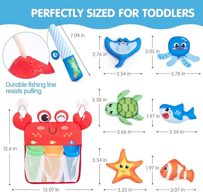 hahaland Bath Toys for Kids Ages 1-3 - Soft Magnetic Fishing Toys with Color Sorting Mesh, Mold Free Bathtub Shower Water Toy Toddler Educational Learning Shower Pool Toy for 1 Year Old Boy Girl Gifts