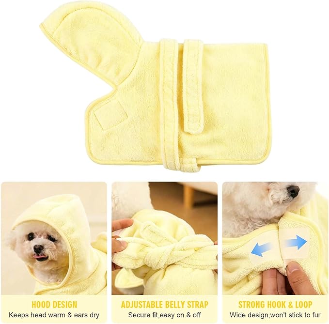 Dog Bathrobe Towel with Hood Super Absorbent Pet Bath Robe for Small Medium Dogs Quick Drying Doggy Bath Towel Coat with Adjustable Waistband Soft Pet Grooming Robe (Yellow, L(up to 22lbs))