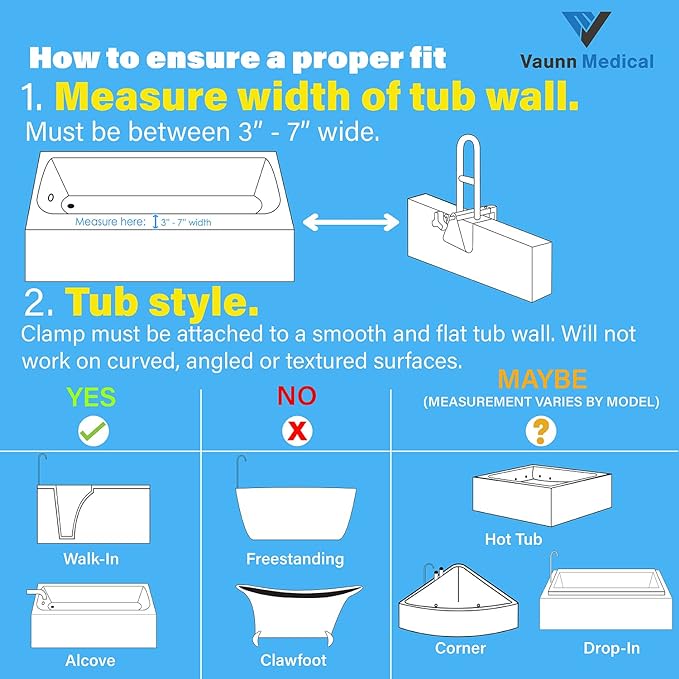 Vaunn Medical Adjustable Bathtub Safety Rail Shower Grab Bar Handle, Stainless Steel, White