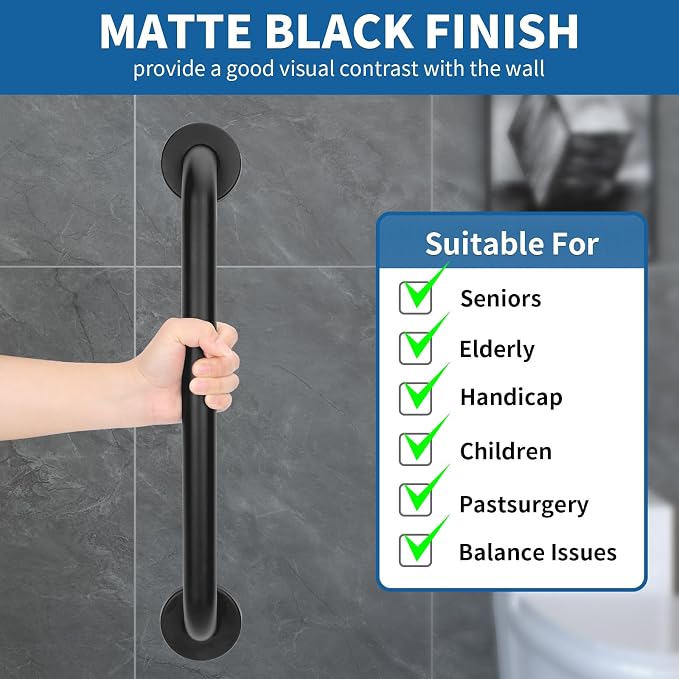 Safety Shower Grab Bars for Seniors, Stainless Steel Anti Slip Shower Handle, ADA Compliant Hand Rails, Holds up to 500 LBS Grab Bars for Elderly for Wall (Black, 24 Inches)
