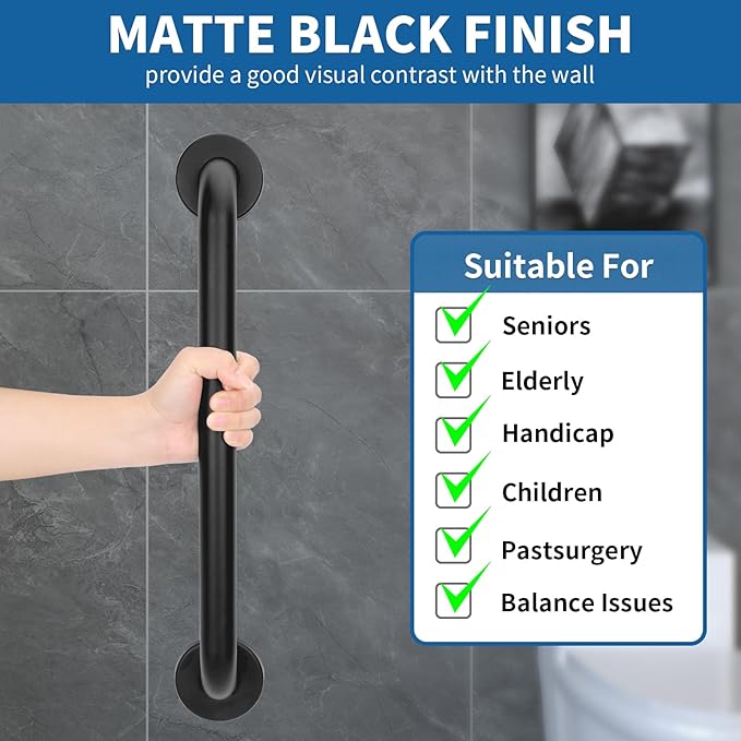 Safety Shower Grab Bars for Seniors, Stainless Steel Anti Slip Shower Handle, ADA Compliant Hand Rails, Holds up to 500 LBS Grab Bars for Elderly for Wall (Black, 12 Inches)
