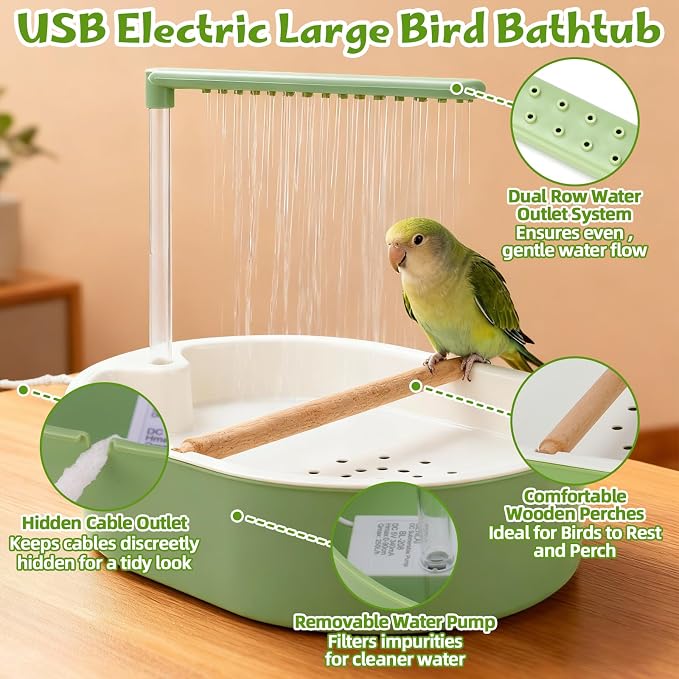 Automatic Bird Bath with Pump, Parrot Bathtub with Anti-Bite Cord Protector, USB Electric Large Bird Bathtub Water Circulating Bird Shower for Parakeet Cockatiel African Grey Lovebird Green