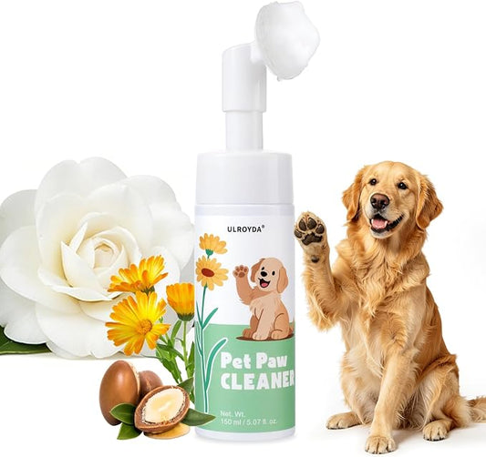 Dog Paw Cleaner No-Rinse Foam, 5-in-1 Paw Washer with Soft Silicone Brush - Removes Mud Dirt & Odor, Moisturizes & Soothes Dry Cracked Paws, pH-Balanced Hypoallergenic for Dogs & Cats, 5.07oz