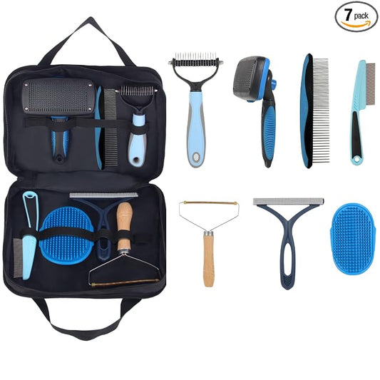 7‑in‑1 Pet Deshedding Tool, Dog Grooming Brush Set, Dog Brush Combo | Pet Deshedding Brush, Flea & Grooming Comb, Carpet & Bath Hair Remover