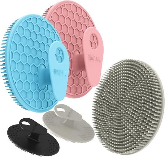 Silicone Body & Face Scrubber Set 5 Pack, BEAUTAIL Gentle Shower Scrubber | Hygienic Silicone Loofah, Easy-Grip Handle, Soft Exfoliating Bath Brush for Sensitive Skin, Women & Men (Gray+Pink+Blue)