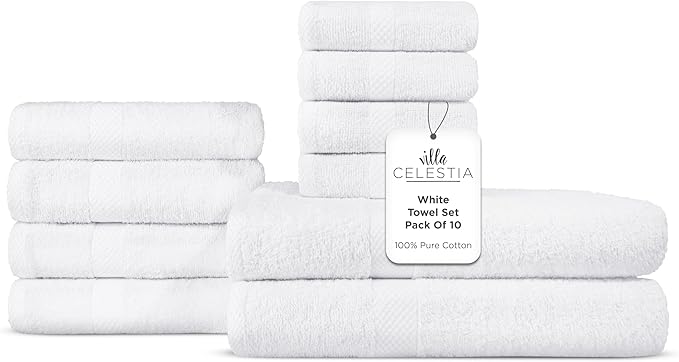 10-Piece 100% Cotton Towel Set, 2 Bath Towels, 4 Hand Towels, 4 Wash Cloth, Quick-Dry, White