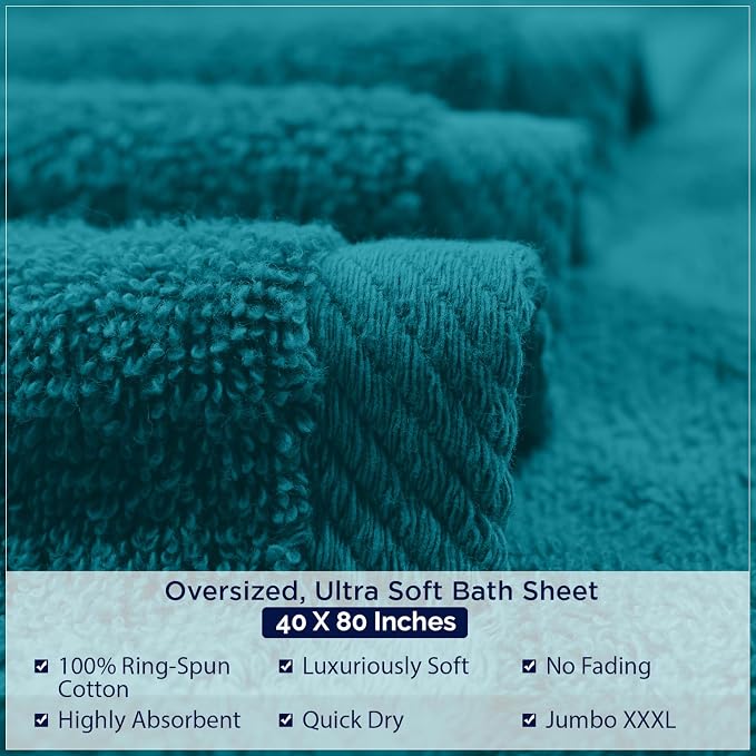 DAN RIVER Pack of 1 Jumbo Bath Sheet 40x80 Inches, Premium Oversized Towels for Adults, Super Soft and Quick Dry - Teal