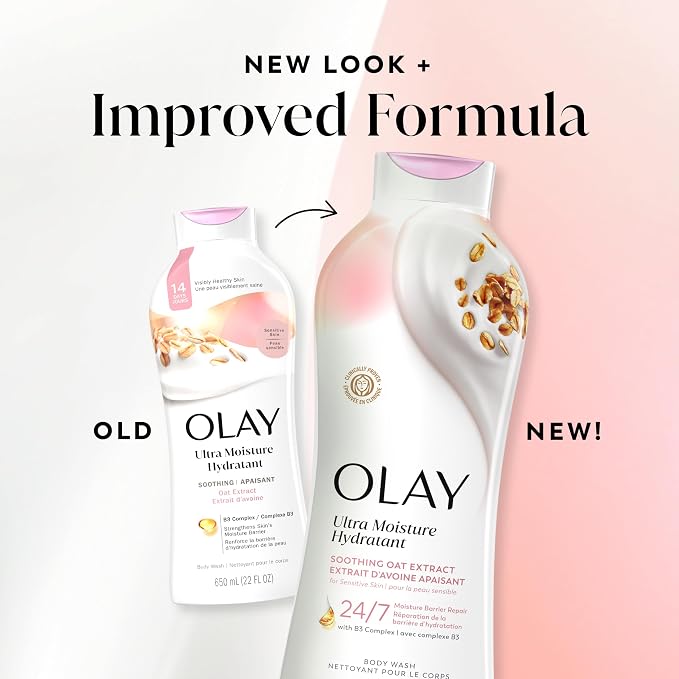 Olay Body Wash for Women, Ultra Moisture, For Sensitive Skin, Soothing Formula, 24hr Moisturizing, Hydrating & Refreshing, B3 Vitamin Complex, Free of Parabens & Phthalates, Oat Extract Scent,22 fl oz