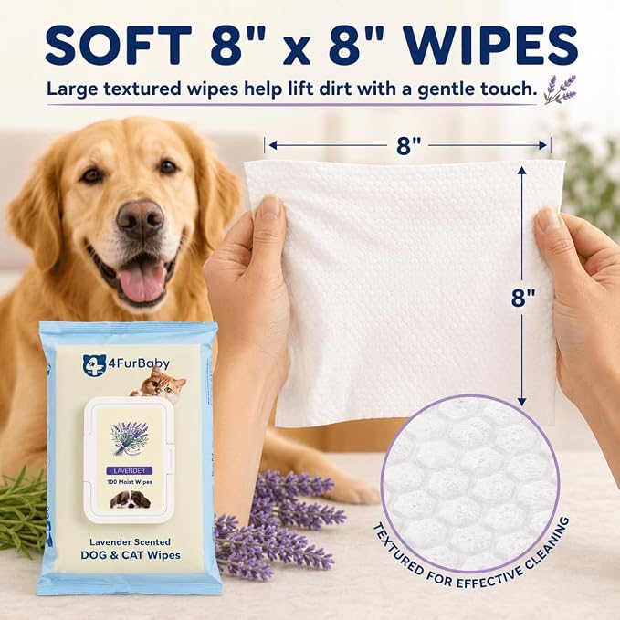 Dog Grooming Wipes for Paws and Butt, Lavender,100 Count | 8" x 8" hypoallergenic wipes with hydrating formula for cleaning, deodorizing, and daily pet grooming
