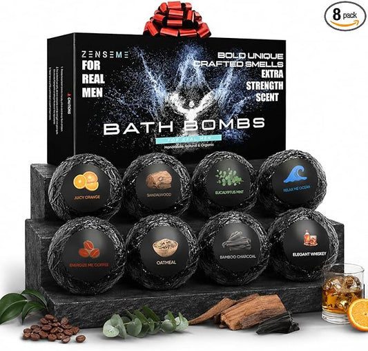 Bath Bombs for Men - Gift Set of 8 Scented Organic Handmade Bath Bombs of 2.5 oz with Natural Essential Oils, Unique Strong Manly Scents, for Boyfriend, Husband, Father or Friend, by ZenseMe