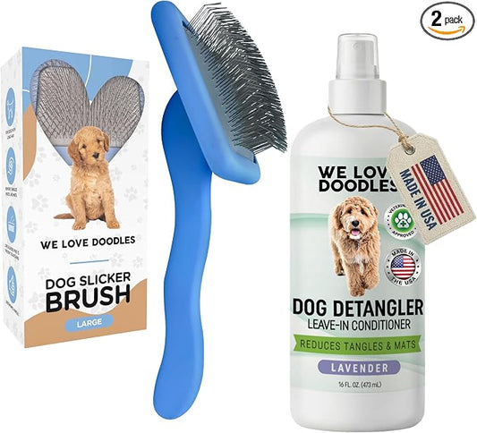 We Love Doodles Large Slicker Brush & Lavender Detangler Spray Pack - for Long-Haired Dogs, Dog Leave-In Conditioner for Reducing Mats, Knots & Tangles, Dematting & Conditioning Kit, 16 oz