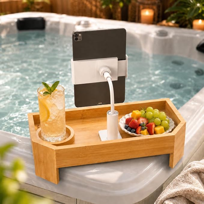 Vespara Bamboo Hot Tub Tray Table with Adjustable Phone Holder, Non Slip Hot Tub Table Spa Gifts for Women, Bathtub Canddy Tray with Wine Glass Holder Tray for Luxury Bathtub& Bathroom Accessories