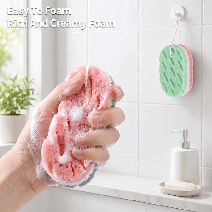 2 Pcs Bath Sponge, 3-Layer Body Wash Sponges Loofah Body Scrubber | 2 Colors & Large Size Shower Pouf Cleaning Loofahs for Shower Exfoliating