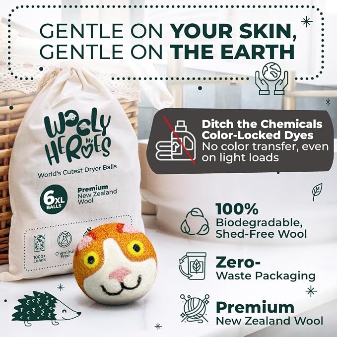 Chemical Free & Baby Safe! Reusable Wool Dryer Balls XL 6-Pack - Reduces Static, Cuts Dry Time, & Softens Naturally