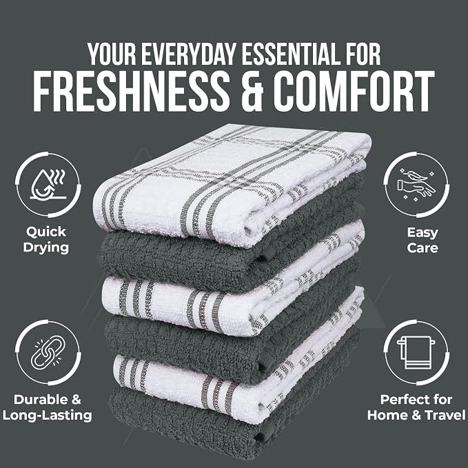 DAN RIVER Premium Grey Kitchen Towels - [Pack of 12] 100% Cotton (16x 26 Inches) -Super Soft, Highly Absorbent Hand Towels, Quick Dry, Dish Towels, Tea and Bar Towels Set