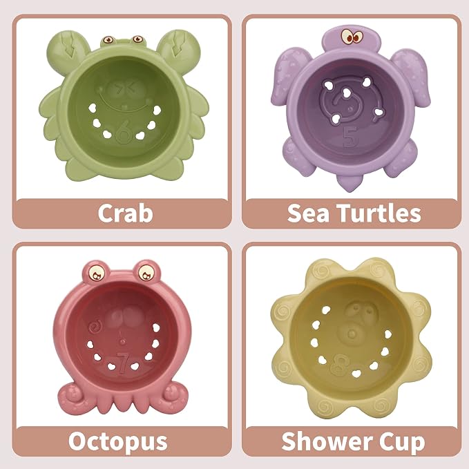 LZZAPJ Bath Toys for Toddlers Age 2-4, Bathtub Water Toys for Kids Age 1-3, Toddler Bath Toy Contains 4 Stackable Cups and 2 Boats and 1 Conch Spoon, Gift for Infants Boys Girls 6-12 Months