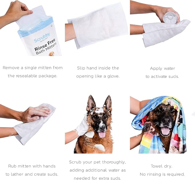 Scrubby Pet No Rinse Wipes | Rinse Free Shampoo Mittens | Dogs and Cats | Bath Wipes - Bathing & Washing Pets, Hypoallergenic | No Rinse Wash Mitt | Grooming, Lather Wipe Dry - Pack of 5