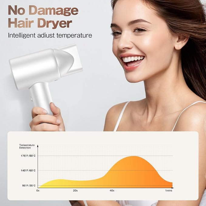 Labiim Hair Dryer, High-Speed 110,000 RPM Brushless Motor Blow Dryer,200 Million Ionic Fast Drying, Lightweight Thermo-Control Quiet Compact Hairdryer with Magnetic Nozzle for Home Salon Travel, White
