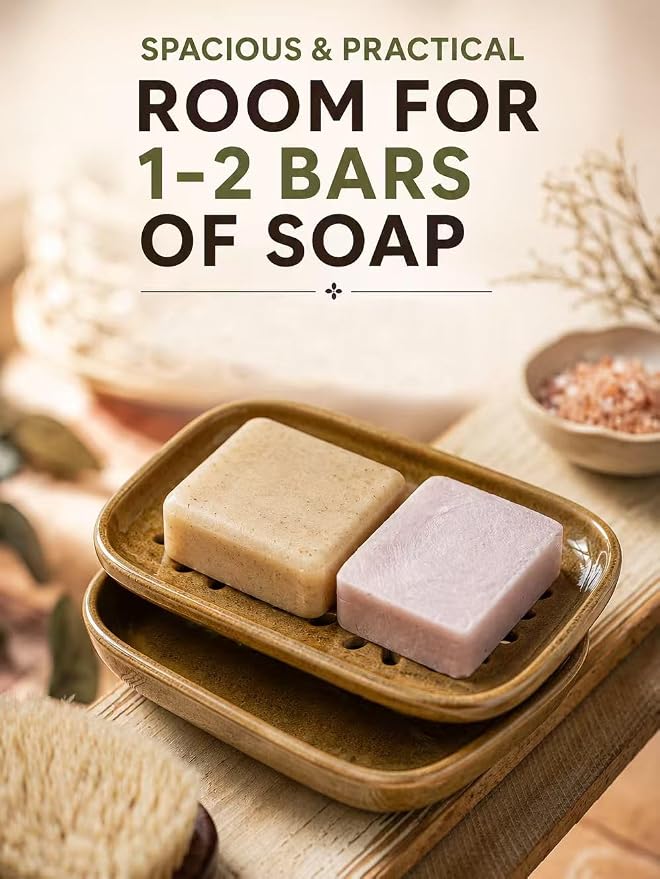 Miamolo 2 Layer Soap Dishes for Shower with Drainage, Keep Soap Bars Dry | Ceramic Bar Soap Holder, Self Draining Top, Removable Drip Tray Non-Slip, for Bathroom Kitchen Sink, Dishwasher Safe, Yellow