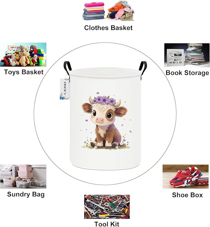 Round Cute calf Laundry Hamper, Household Storage Bin | waterproof foldable canvas bin with sturdy grip handles, large capacity, tidy organizer for bath linens and kids garments