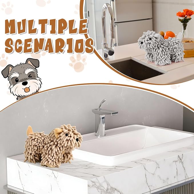Tegeme 2 Pcs Chenille Dog Hand Towel Fuzzy Towel Absorbent Microfiber Soft for Bathroom Kitchen Washstand (Grey Brown,Standing Dog)