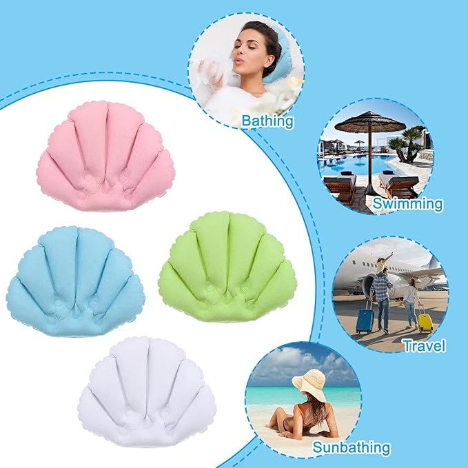 PATIKIL Inflatable Bath Pillow with Suction Cups, 2 Pack Terry Cloth Covered Shell Shape Soft Bath Spa Cushion Neck Support for Bathtub Hot Tub (Blue, Green)