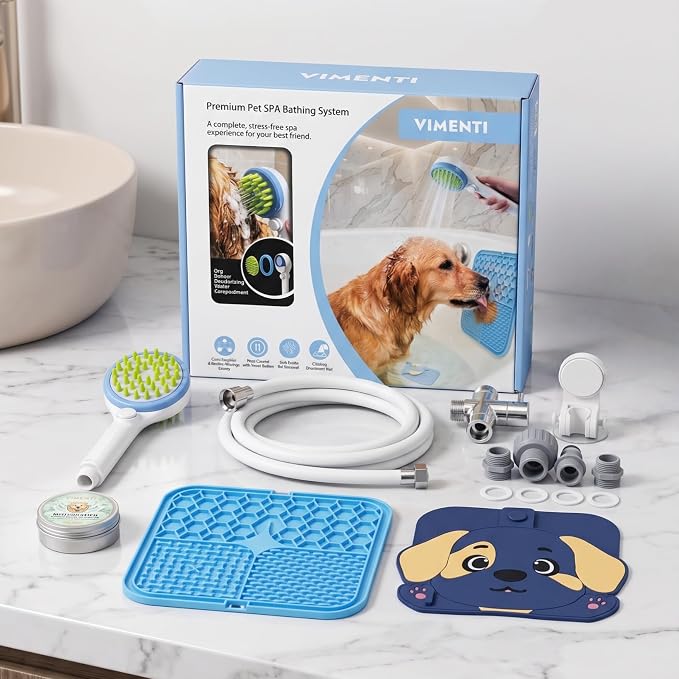 Dog Shower Sprayer Kit with Deodorizing Shower Steamers, Universal Pet Bathing Tool for Indoor & Outdoor Use with Silicone Massage Brush, 8.2ft Extra-Long Hose, Brass Diverter & Lick Mat