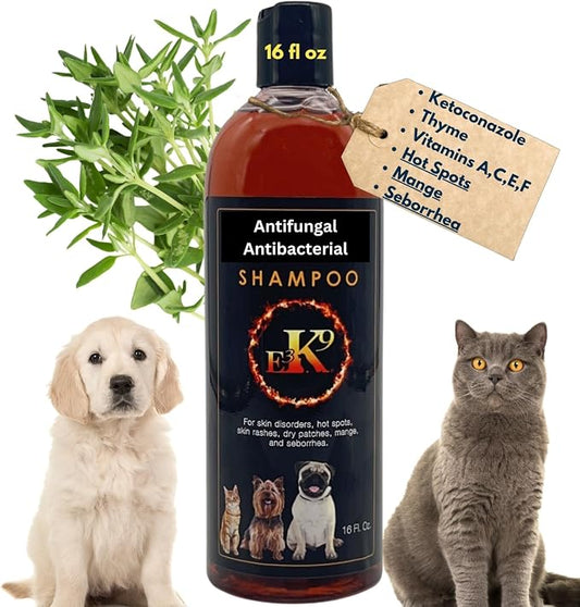 E3K9 Medicated Dog & Cat Shampoo - Antifungal & Itchy Skin Relief with Ketoc & Thymol - Hot Spot, Mange, Seborrhea Treatment - Antifungal Dog Shampoo for Yeast