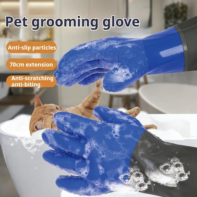 YOFANG Pet Grooming Washing Gloves,27.2" Extra Long Waterproof Rubber Bathing Gloves for Dogs & Cats,Anti-Bite & Anti-Scratch Hair Removal Cat Bath Gloves with 3000+ Massage Particles,Blue/Green ﻿