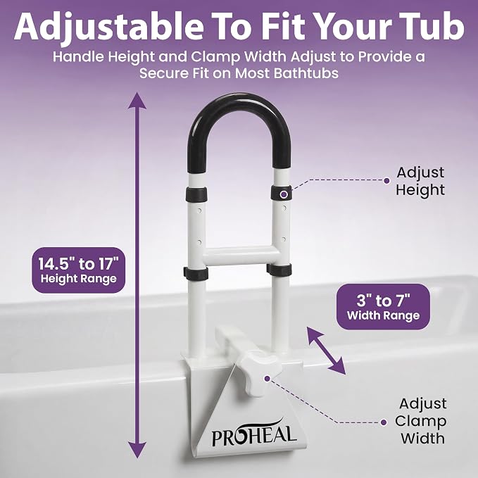 Bathtub Grab Bar for Seniors, Shower Safety Rail, Non-Slip Stainless Steel Handle, Fits 3"-7" Tub Walls, Supports 300 LBS, Adjustable Height 14.5"-17", Tool-Free Clamp-On Install - ProHeal