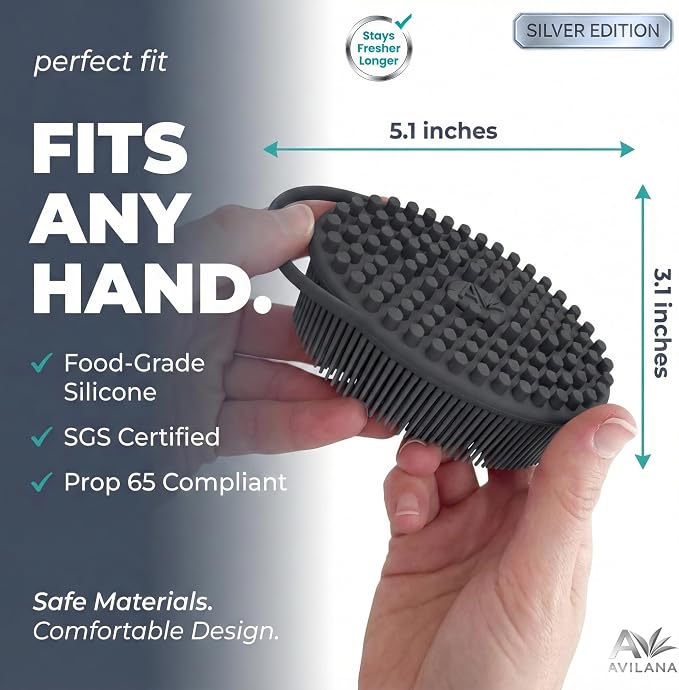 Avilana Silicone Body Scrubber for Shower – SGS Certified Food Grade Dual Sided Bath Brush, Gentle Exfoliating Silicone Loofah Alternative, Sensitive Skin Body Brush (Pink-Silver, Massage)