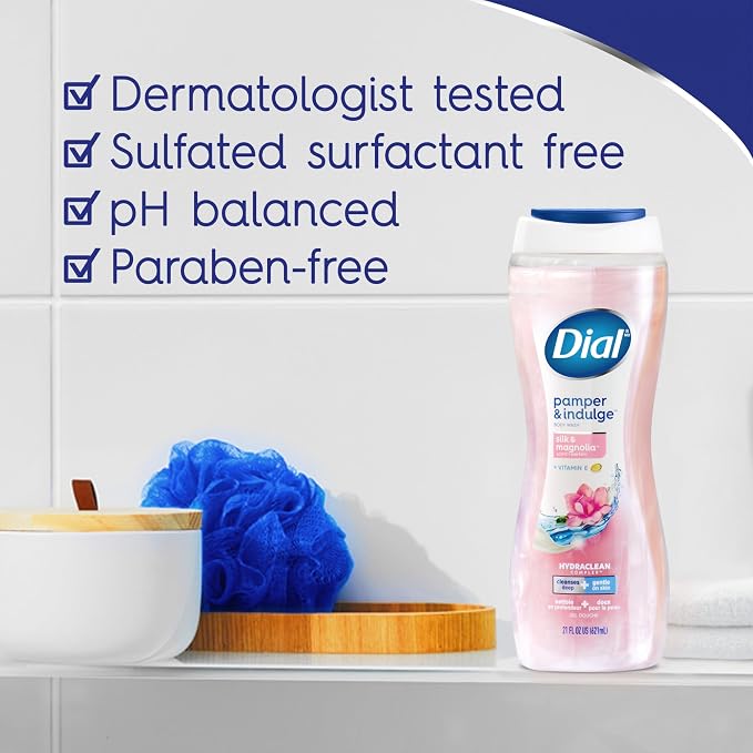 Dial Body Wash, Hydraclean Complex & Vitamin E, Gentle, Leaves Skin Feeling Nourished, Dermatologist-Tested, No Parabens & Sulfates, Pamper & Indulge, Silk & Magnolia, 16 Fl Oz (Pack of 4)