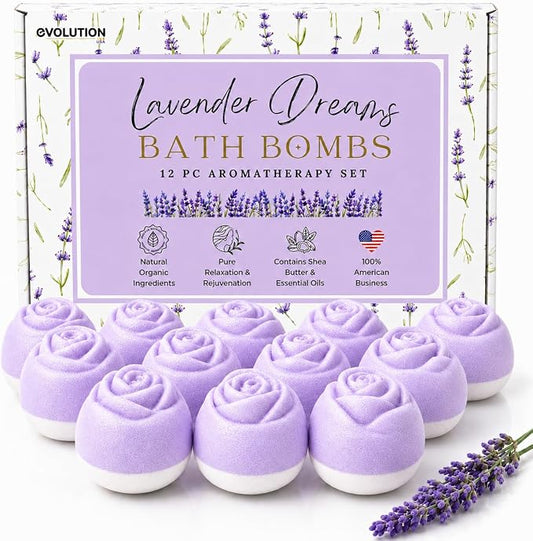 EvolutionUSA Lavender Dreams Bath Bombs for Women, 12 Organic Flower Bath Bombs, Soft Lavender Bath Bombs, Womens Bath Bombs Gift, Lush Bath Bombs for Girls, Relaxing Bathbombs, Bath Balls