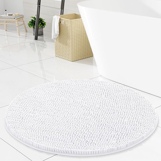 Arotive Bathroom Rugs Round 30x30, Extra Soft Absorbent Shaggy Chenille Bath Rugs, Machine Washable Rubber Backing Bath Mats for Bathroom Floor Tub and Shower, Home Decor Accessories, White