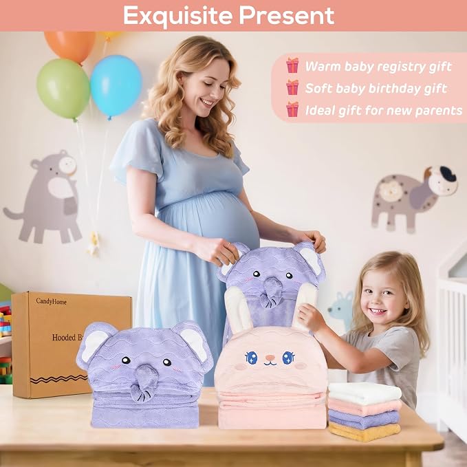6 PCS Toddler Towels Set for Boy Girl 0-5 Year, 2 PCS Absorbent Hooded Baby Bath Towels Large 55" x 27.5" & 4 PCS Washcloths, Ultra Soft Toddler Newborn Bath Essentials Gifts, Rabbit & Elephant