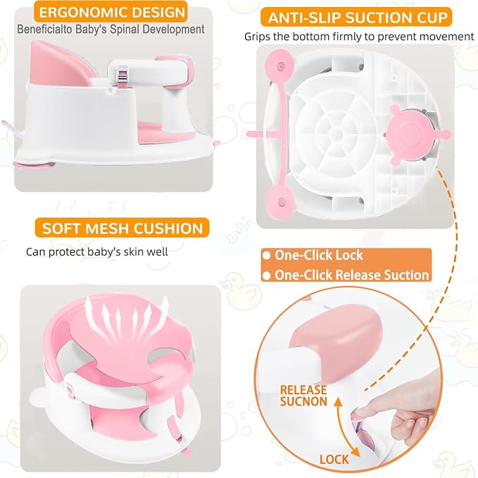 Baby Bath Seat for Babies 6 Months & up, Non-Slip Toddler Bath Seats for Babies Sitting Up,Safe Infant & Newborn Baby Bath Chair Support for Bathtub/Living Room/Shower Room, Pink